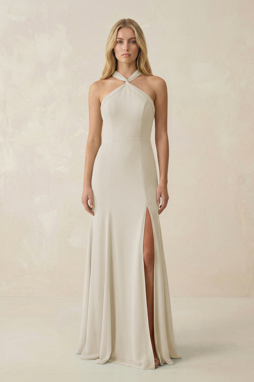 Halter Chiffon Mermaid Ruched Bridesmaid Dress in Dove Gray