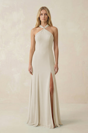 Halter Chiffon Mermaid Ruched Bridesmaid Dress in Dove Gray - KISS BRIDAL Bridesmaid Dresses