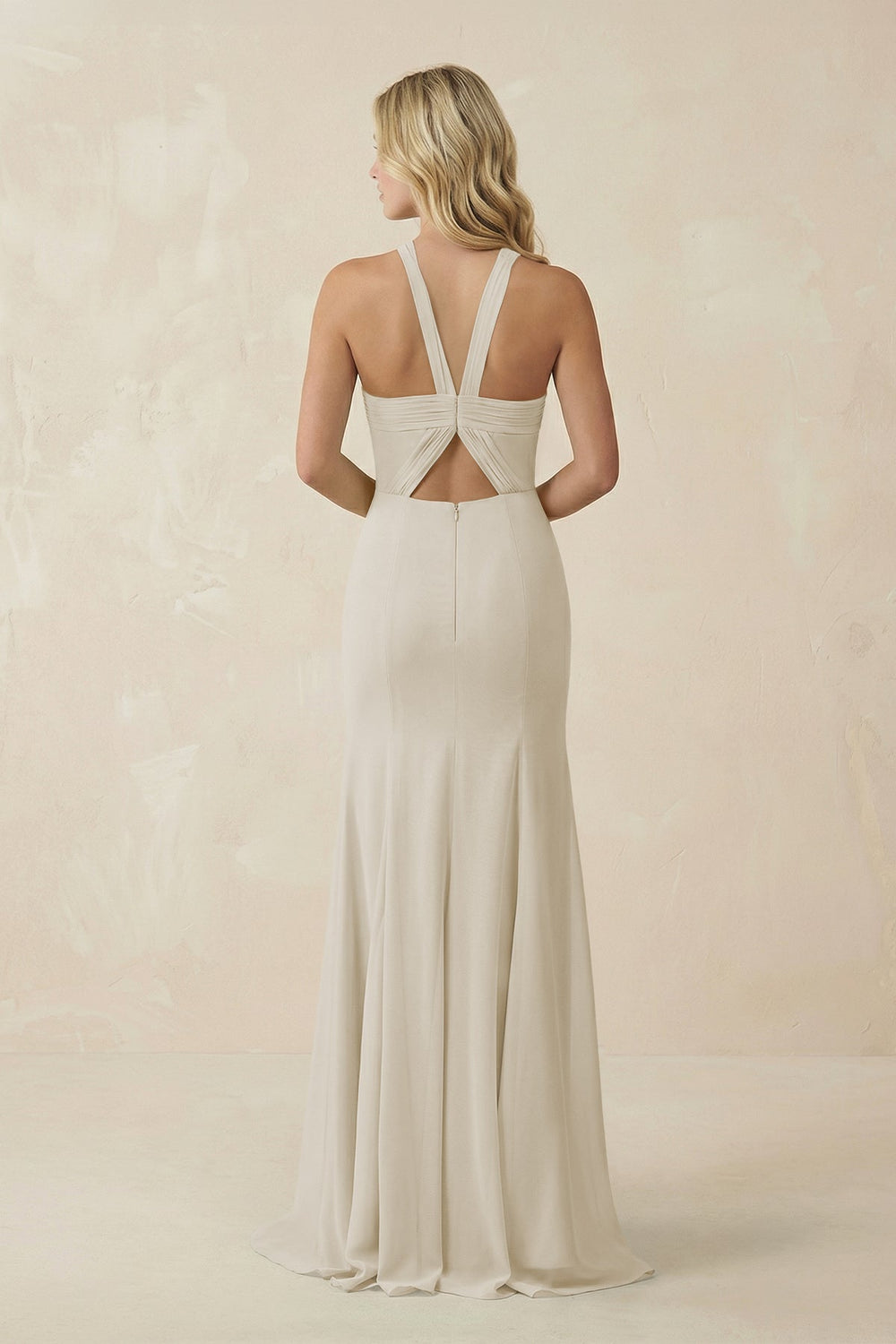 Halter Chiffon Mermaid Ruched Bridesmaid Dress in Dove Gray