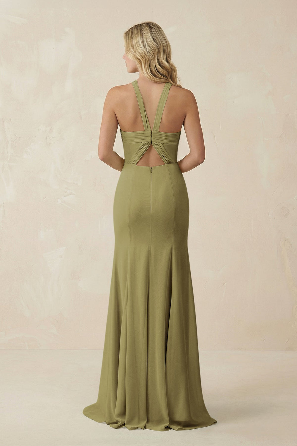 Halter Chiffon Mermaid Ruched Bridesmaid Dress in Moss Green