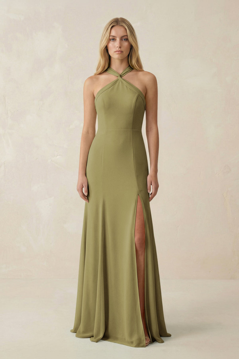 Halter Chiffon Mermaid Ruched Bridesmaid Dress in Moss Green