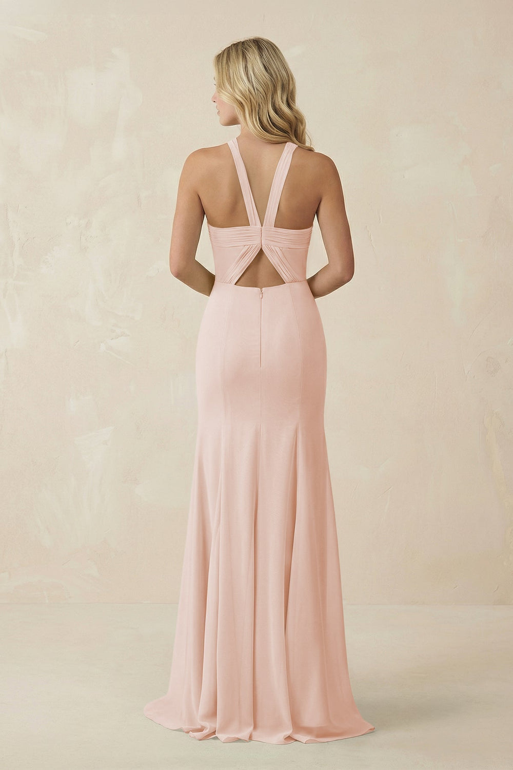 Halter Chiffon Mermaid Ruched Bridesmaid Dress in Pale Blush