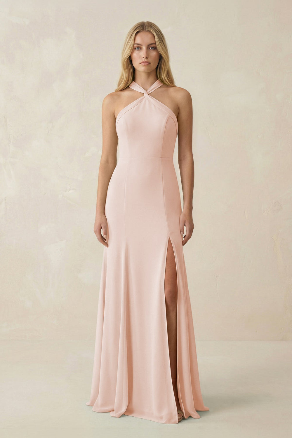 Halter Chiffon Mermaid Ruched Bridesmaid Dress in Pale Blush