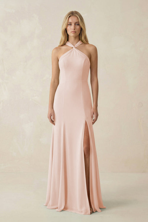 Halter Chiffon Mermaid Ruched Bridesmaid Dress in Pale Blush - KISS BRIDAL Bridesmaid Dresses