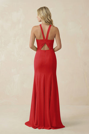 Halter Chiffon Mermaid Ruched Bridesmaid Dress in Ruby Red - KISS BRIDAL Bridesmaid Dresses