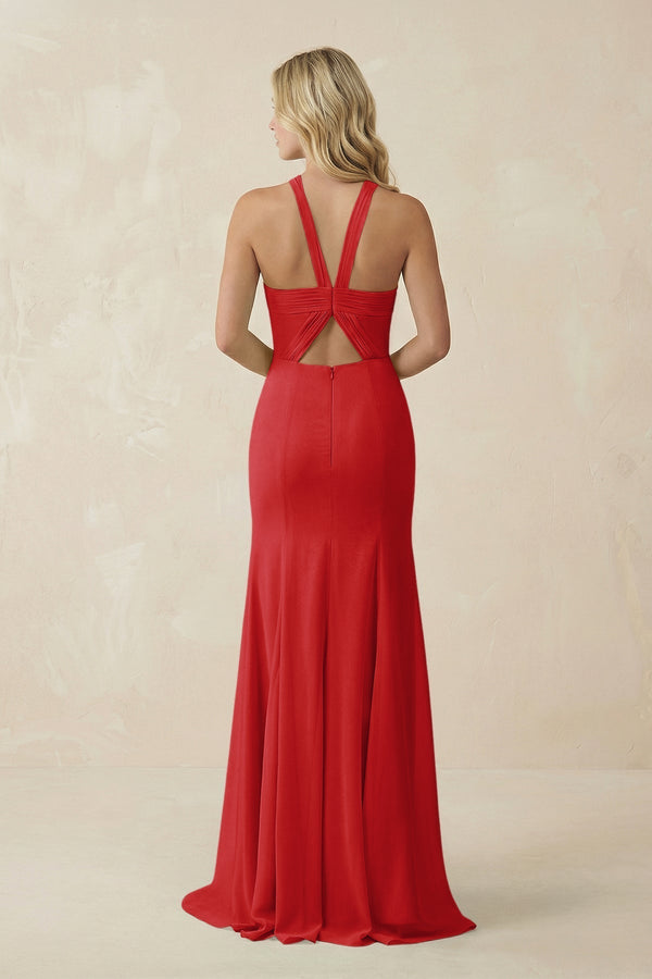 Halter Chiffon Mermaid Ruched Bridesmaid Dress in Ruby Red - KISS BRIDAL Bridesmaid Dresses