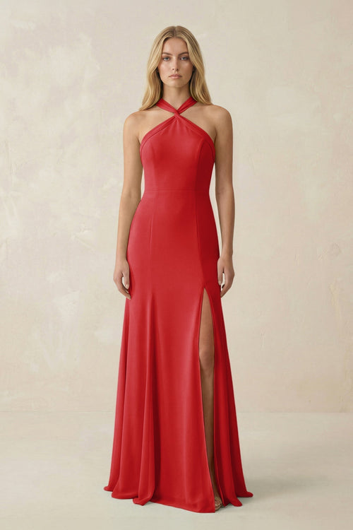 Halter Chiffon Mermaid Ruched Bridesmaid Dress in Ruby Red - KISS BRIDAL Bridesmaid Dresses