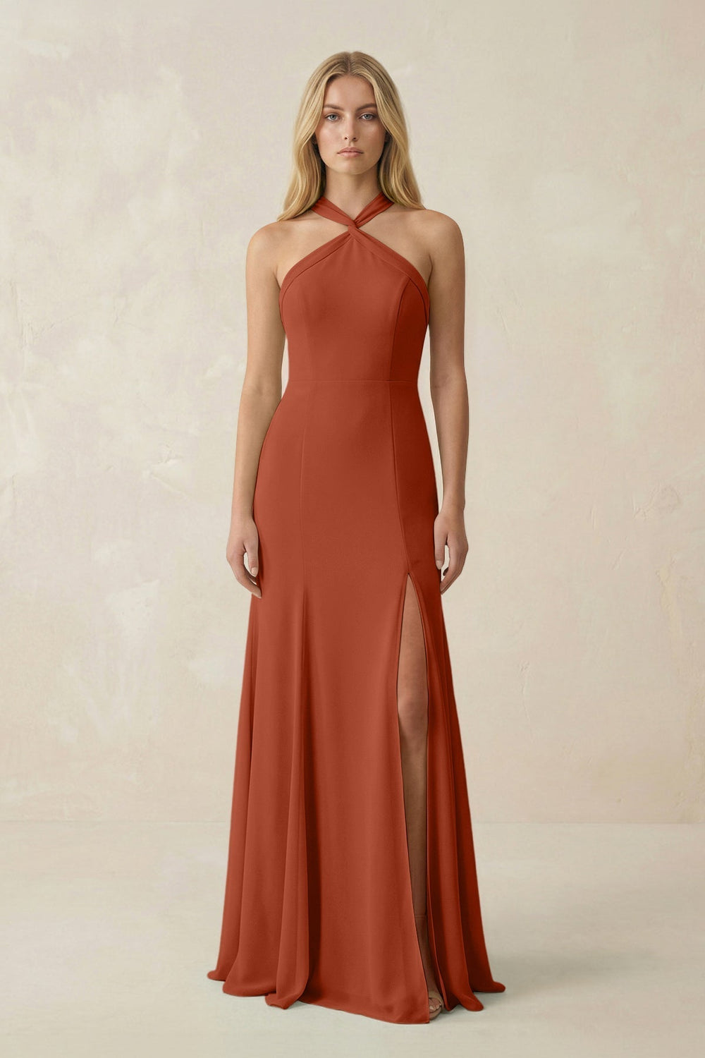 Halter Chiffon Mermaid Ruched Bridesmaid Dress in Spice
