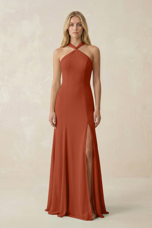 Halter Chiffon Mermaid Ruched Bridesmaid Dress in Spice - KISS BRIDAL Bridesmaid Dresses