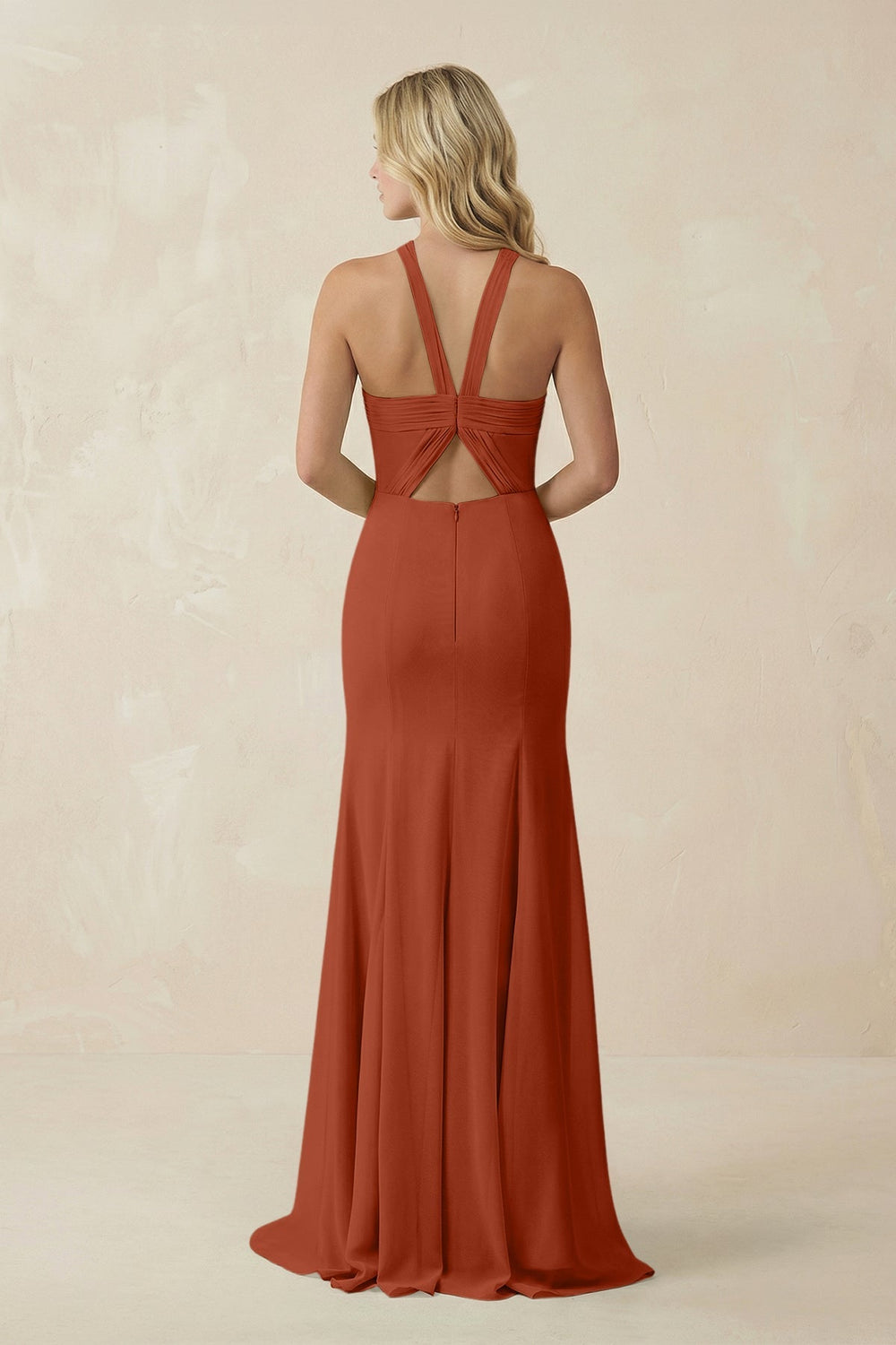 Halter Chiffon Mermaid Ruched Bridesmaid Dress in Spice