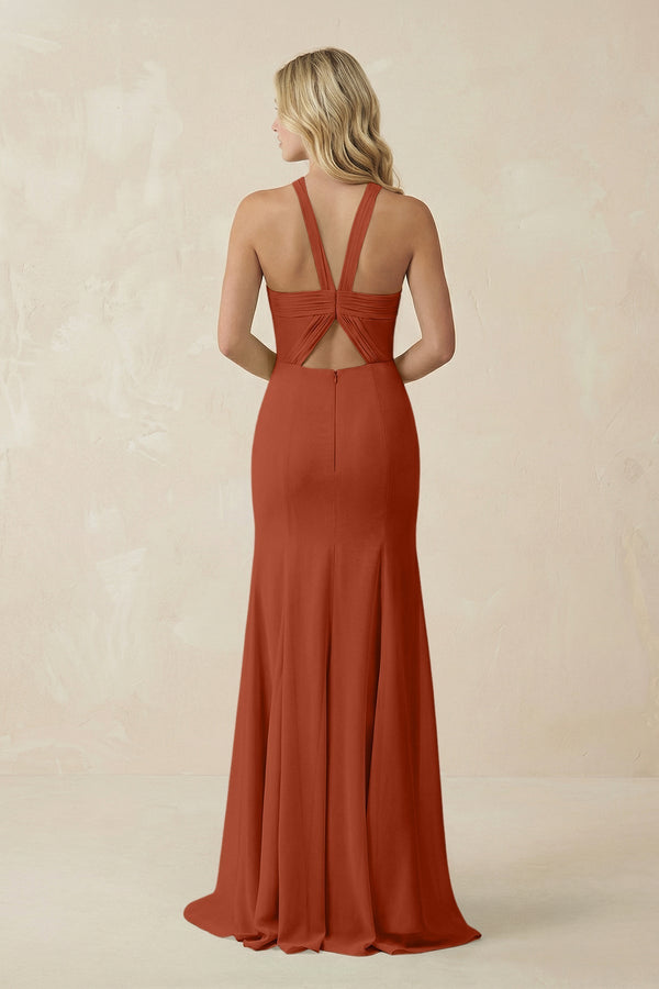 Halter Chiffon Mermaid Ruched Bridesmaid Dress in Spice - KISS BRIDAL Bridesmaid Dresses