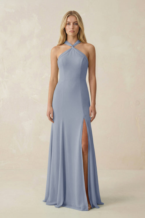 Halter Chiffon Mermaid Ruched Bridesmaid Dress in Twilight - KISS BRIDAL Bridesmaid Dresses