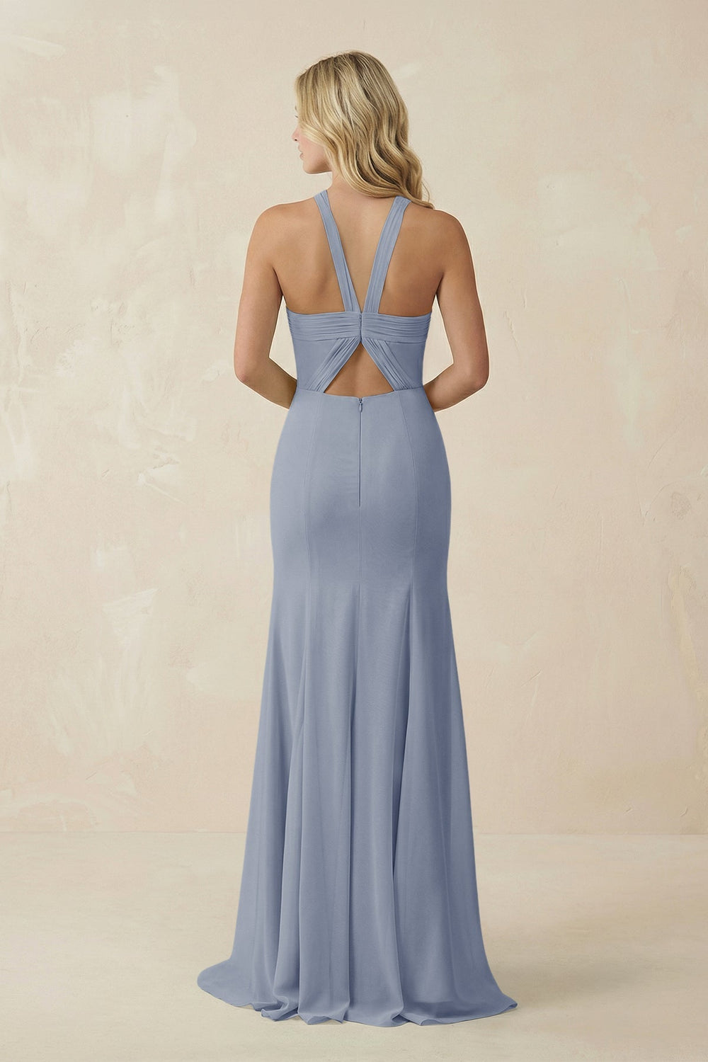 Halter Chiffon Mermaid Ruched Bridesmaid Dress in Twilight