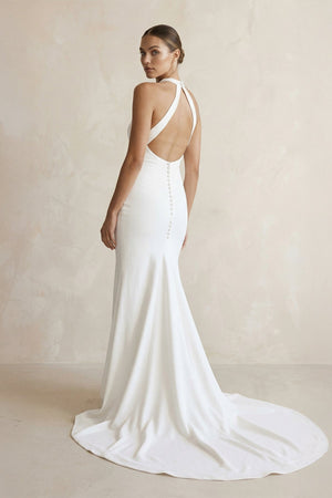 Halter Crepe Mermaid Ruched Wedding Dress in White - KISS BRIDAL Wedding Dresses