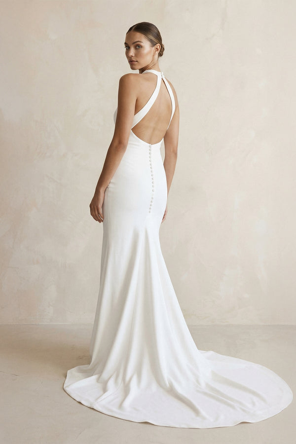 Halter Crepe Mermaid Ruched Wedding Dress in White - KISS BRIDAL Wedding Dresses