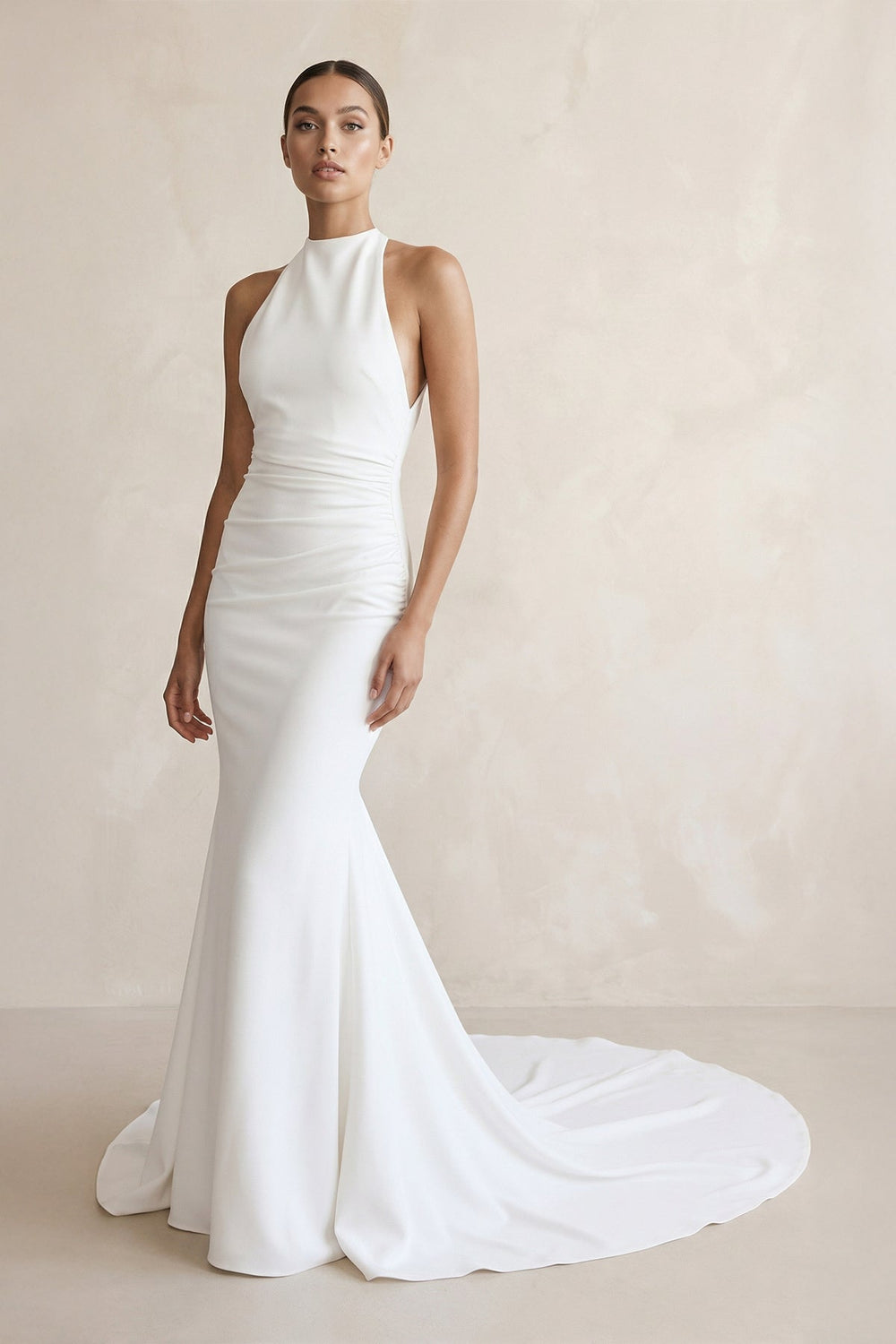 Halter Crepe Mermaid Ruched Wedding Dress in White