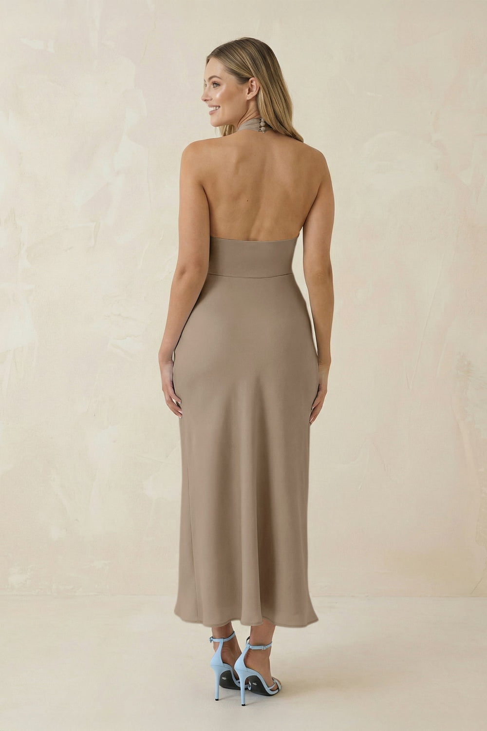 Halter Cut-Out Sheath Satin Midi Bridesmaid Dress in Almond