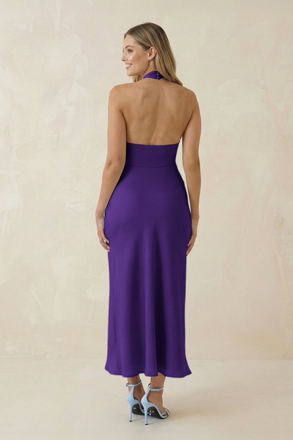 Halter Cut-Out Sheath Satin Midi Bridesmaid Dress in Amethyst
