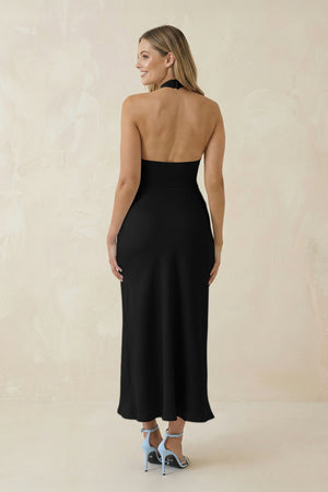 Halter Cut - Out Sheath Satin Midi Bridesmaid Dress in Black - KISS BRIDAL Bridesmaid Dresses