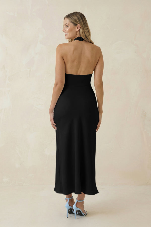 Halter Cut - Out Sheath Satin Midi Bridesmaid Dress in Black - KISS BRIDAL Bridesmaid Dresses