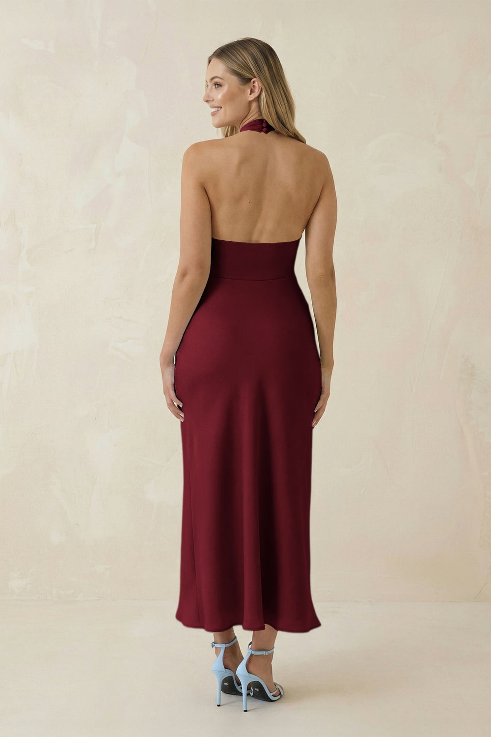 Halter Cut-Out Sheath Satin Midi Bridesmaid Dress in Burgundy