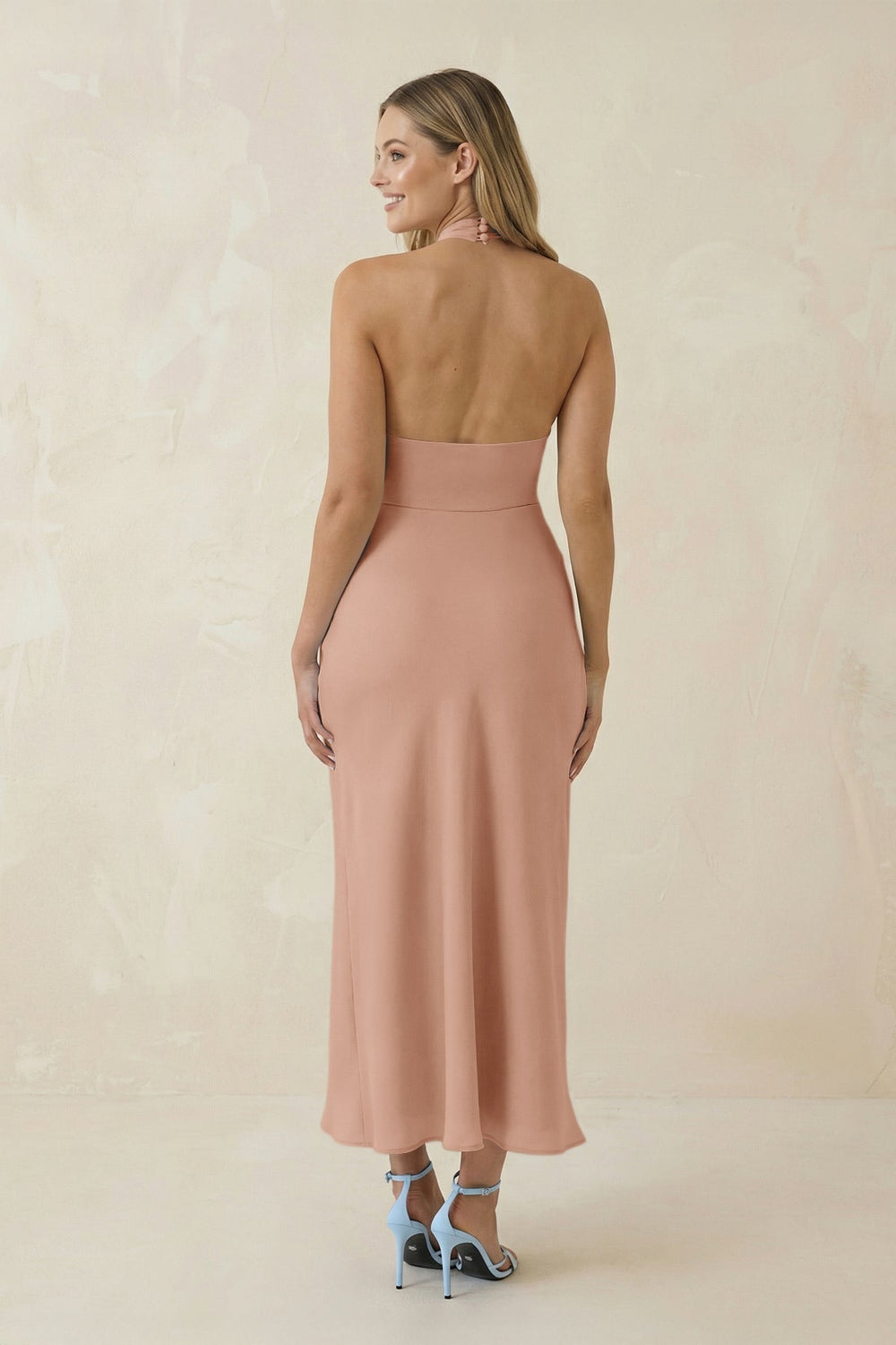 Halter Cut-Out Sheath Satin Midi Bridesmaid Dress in Champagne Rose