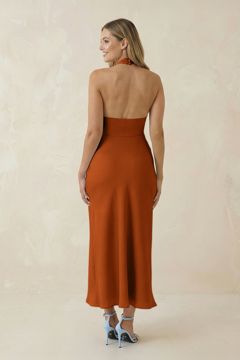 Halter Cut-Out Sheath Satin Midi Bridesmaid Dress in Cinnamon