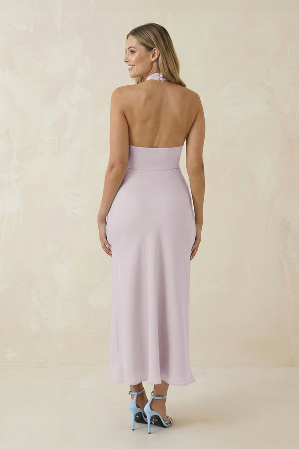 Halter Cut - Out Sheath Satin Midi Bridesmaid Dress in Dusk - KISS BRIDAL Bridesmaid Dresses