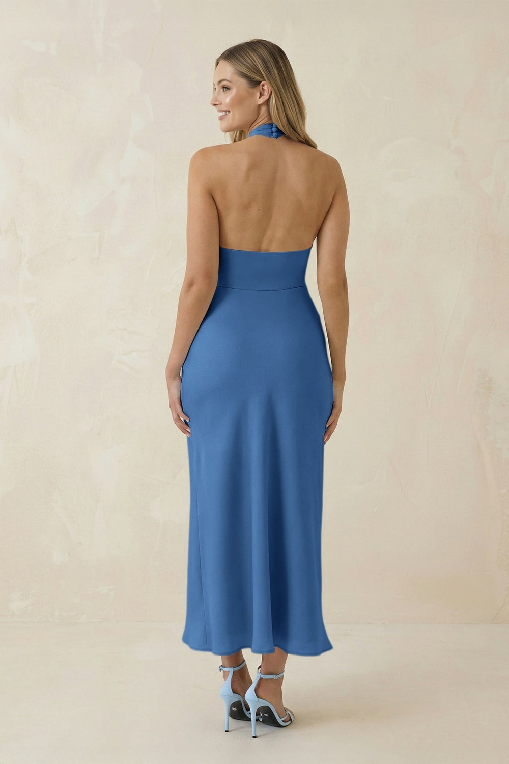 Halter Cut-Out Sheath Satin Midi Bridesmaid Dress in Dusty Blue