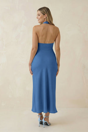 Halter Cut - Out Sheath Satin Midi Bridesmaid Dress in Dusty Blue - KISS BRIDAL Bridesmaid Dresses