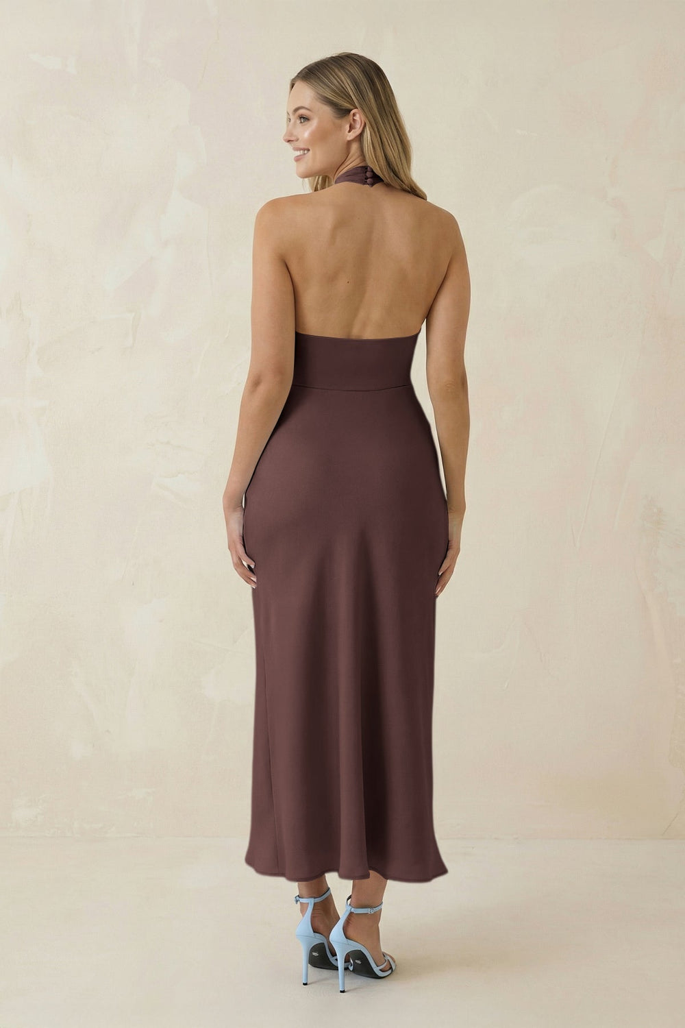 Halter Cut-Out Sheath Satin Midi Bridesmaid Dress in Espresso