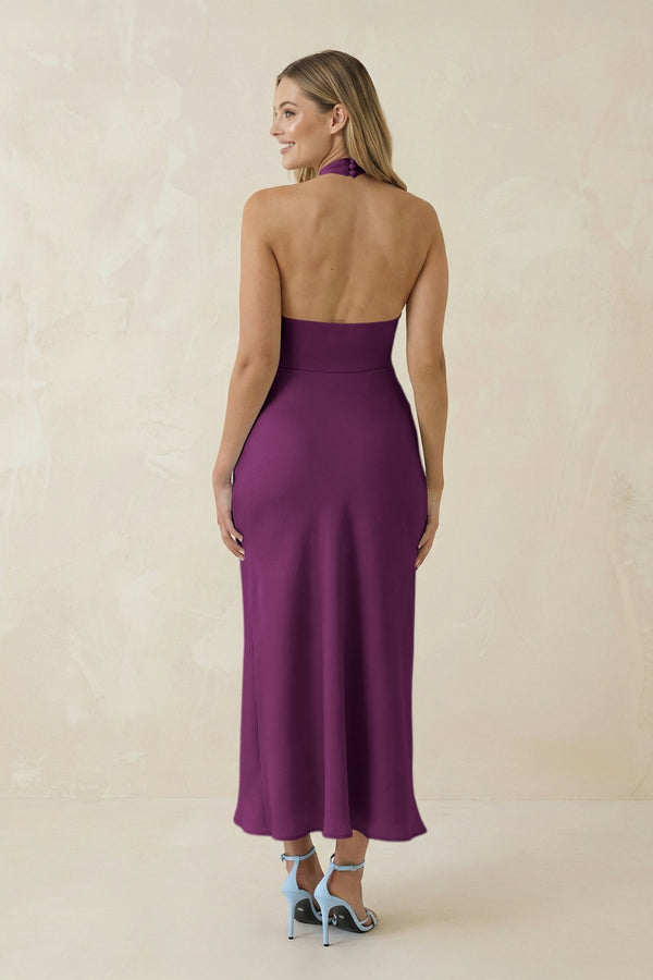 Halter Cut - Out Sheath Satin Midi Bridesmaid Dress in Fig - KISS BRIDAL Bridesmaid Dresses