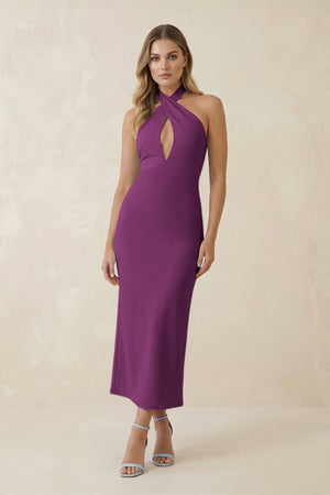 Halter Cut - Out Sheath Satin Midi Bridesmaid Dress in Fig - KISS BRIDAL Bridesmaid Dresses