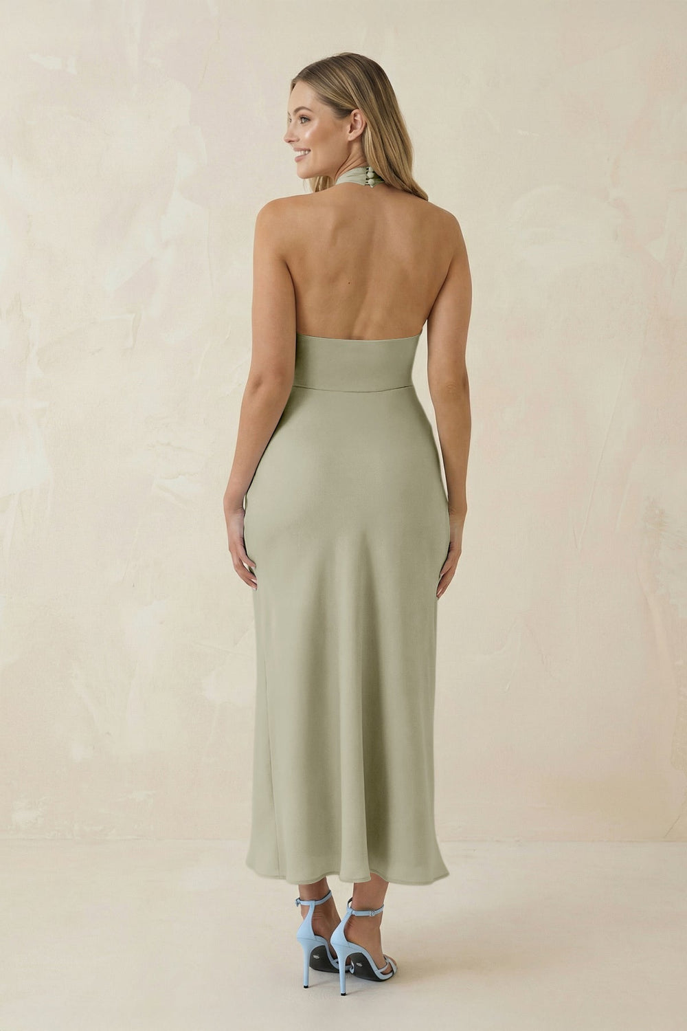 Halter Cut-Out Sheath Satin Midi Bridesmaid Dress in Frost