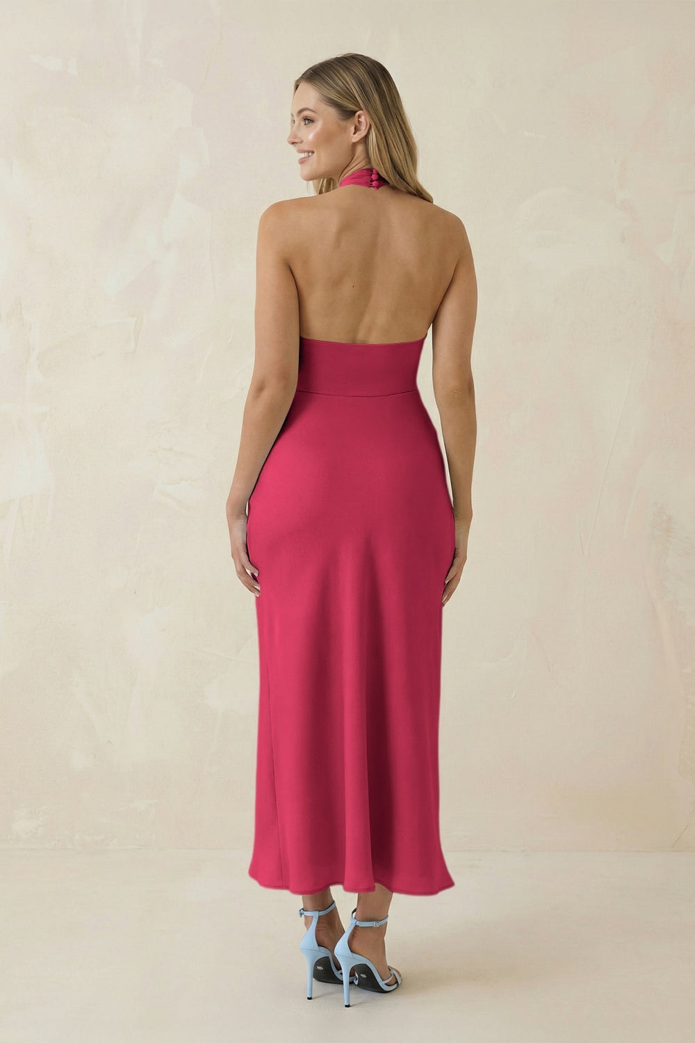 Halter Cut-Out Sheath Satin Midi Bridesmaid Dress in Fuchsia