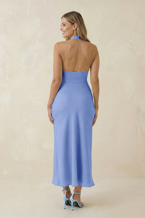 Halter Cut - Out Sheath Satin Midi Bridesmaid Dress in Ice - KISS BRIDAL Bridesmaid Dresses