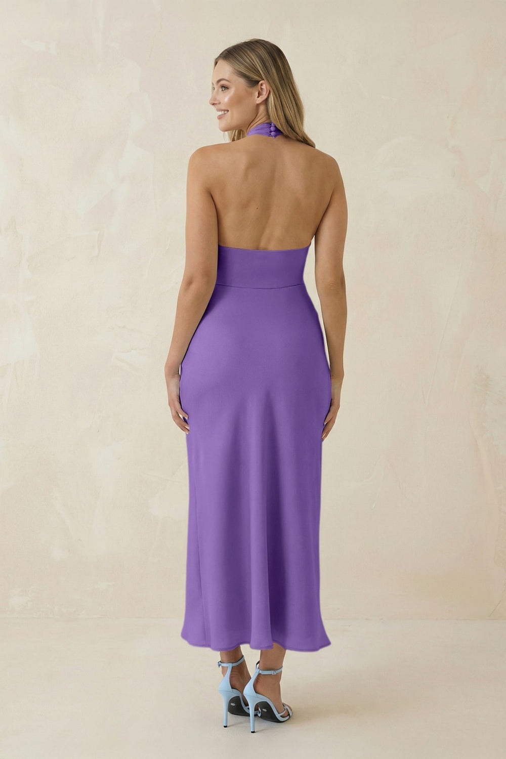Halter Cut-Out Sheath Satin Midi Bridesmaid Dress in Lilac