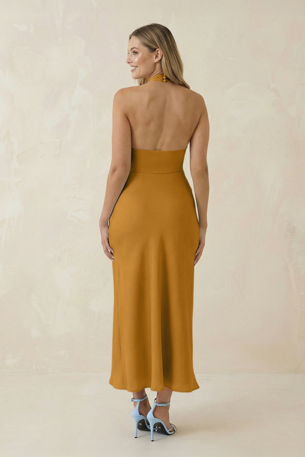 Halter Cut-Out Sheath Satin Midi Bridesmaid Dress in Marigold