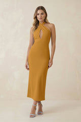 Halter Cut - Out Sheath Satin Midi Bridesmaid Dress in Marigold - KISS BRIDAL Bridesmaid Dresses