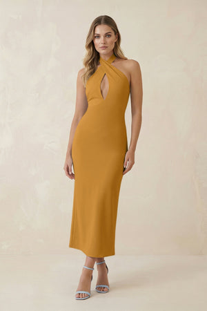 Halter Cut - Out Sheath Satin Midi Bridesmaid Dress in Marigold - KISS BRIDAL Bridesmaid Dresses