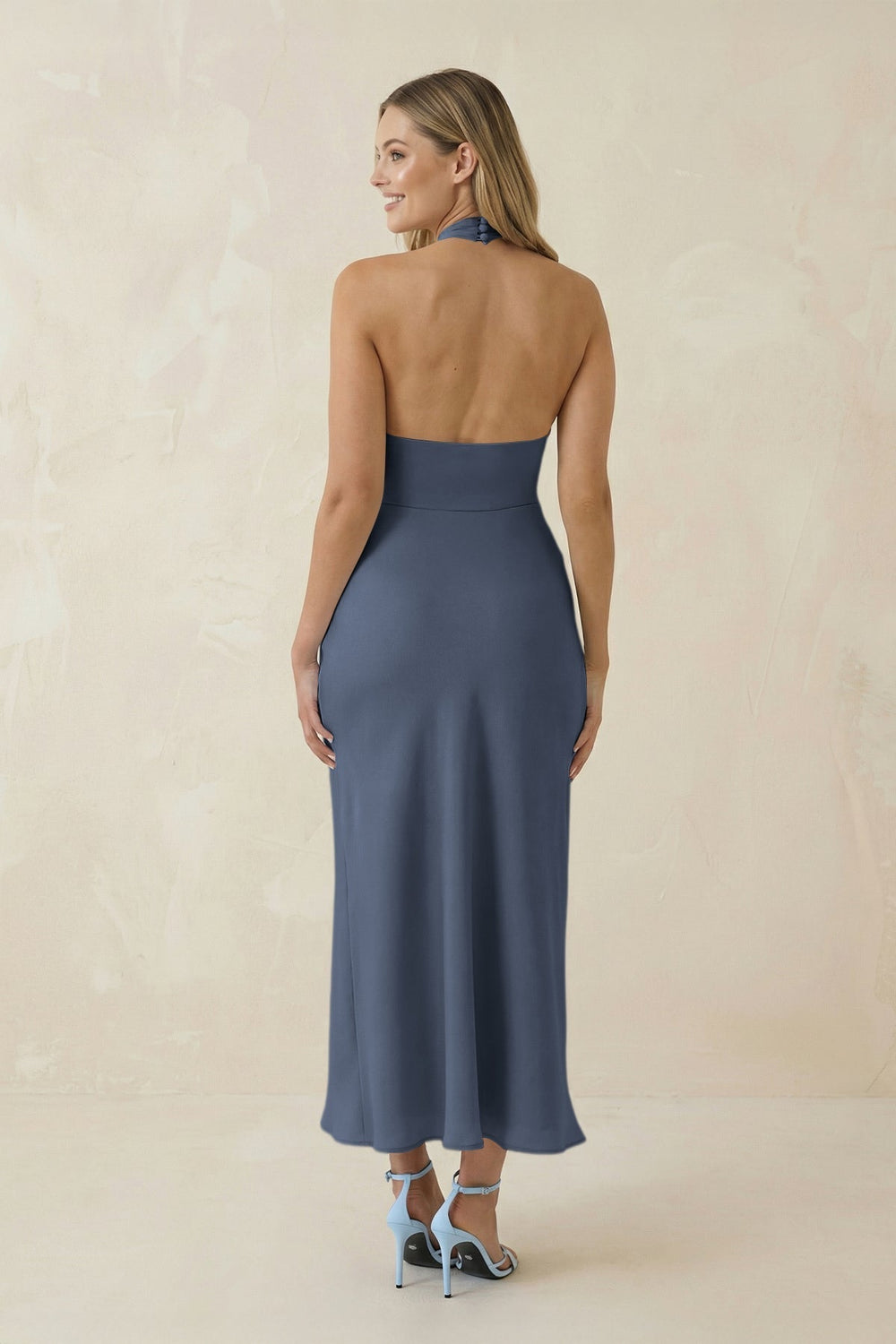 Halter Cut-Out Sheath Satin Midi Bridesmaid Dress in Neptune