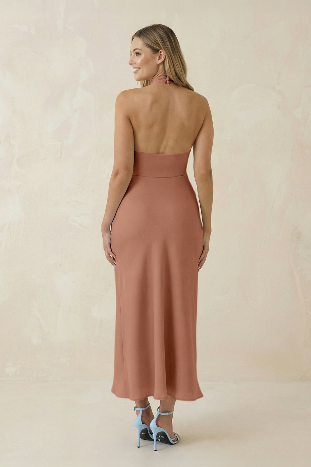 Halter Cut-Out Sheath Satin Midi Bridesmaid Dress in Rosette