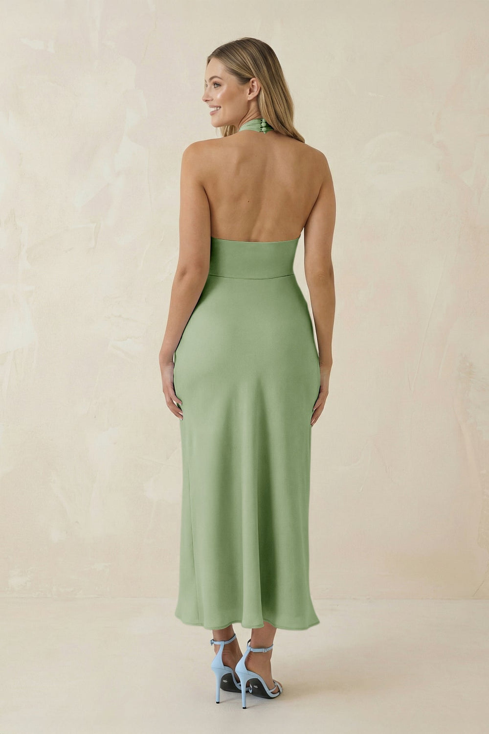 Halter Cut-Out Sheath Satin Midi Bridesmaid Dress in Sage