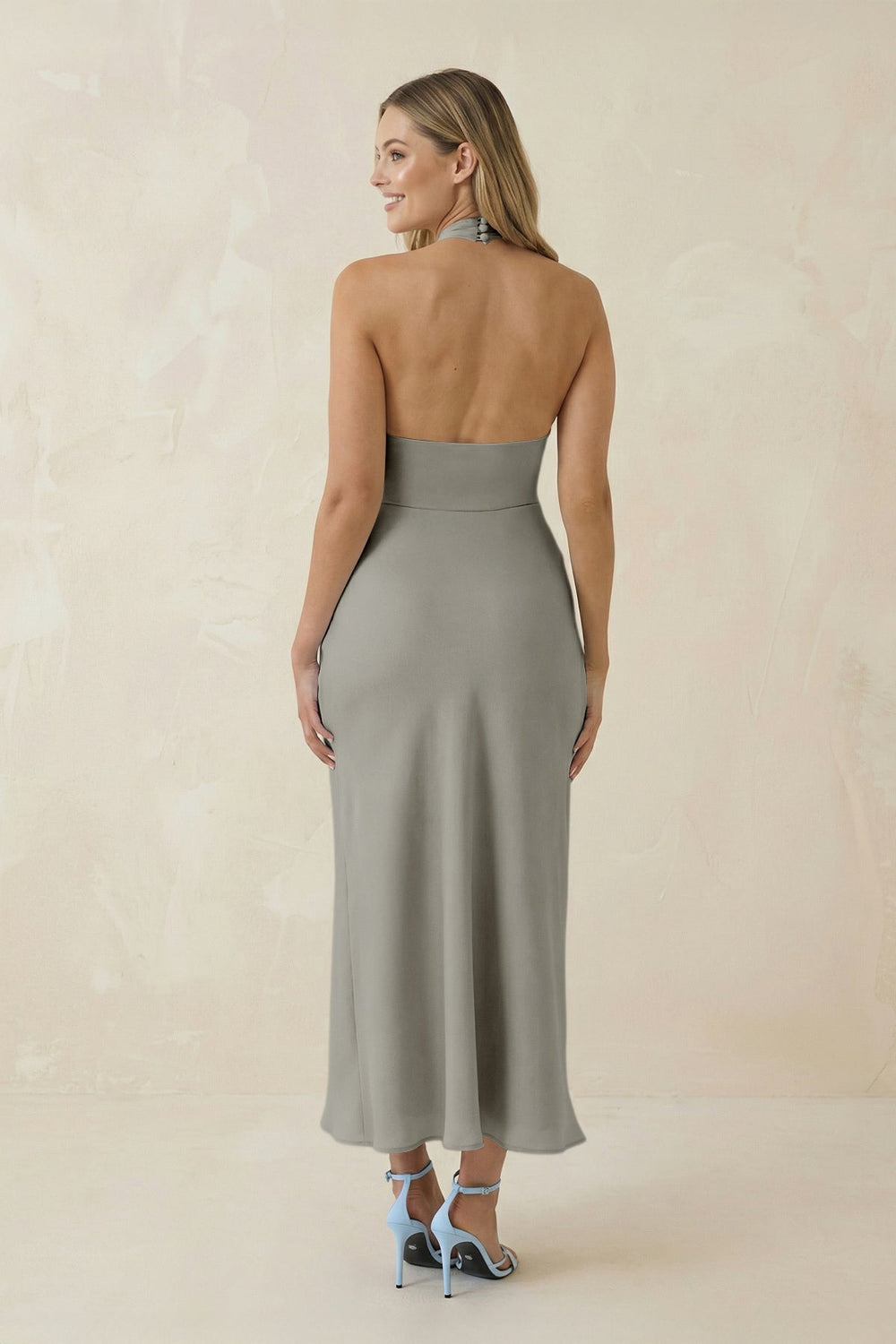 Halter Cut-Out Sheath Satin Midi Bridesmaid Dress in Silver