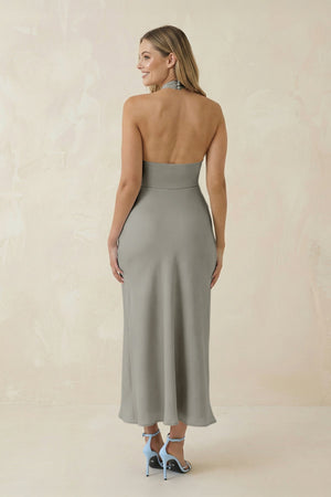 Halter Cut - Out Sheath Satin Midi Bridesmaid Dress in Silver - KISS BRIDAL Bridesmaid Dresses