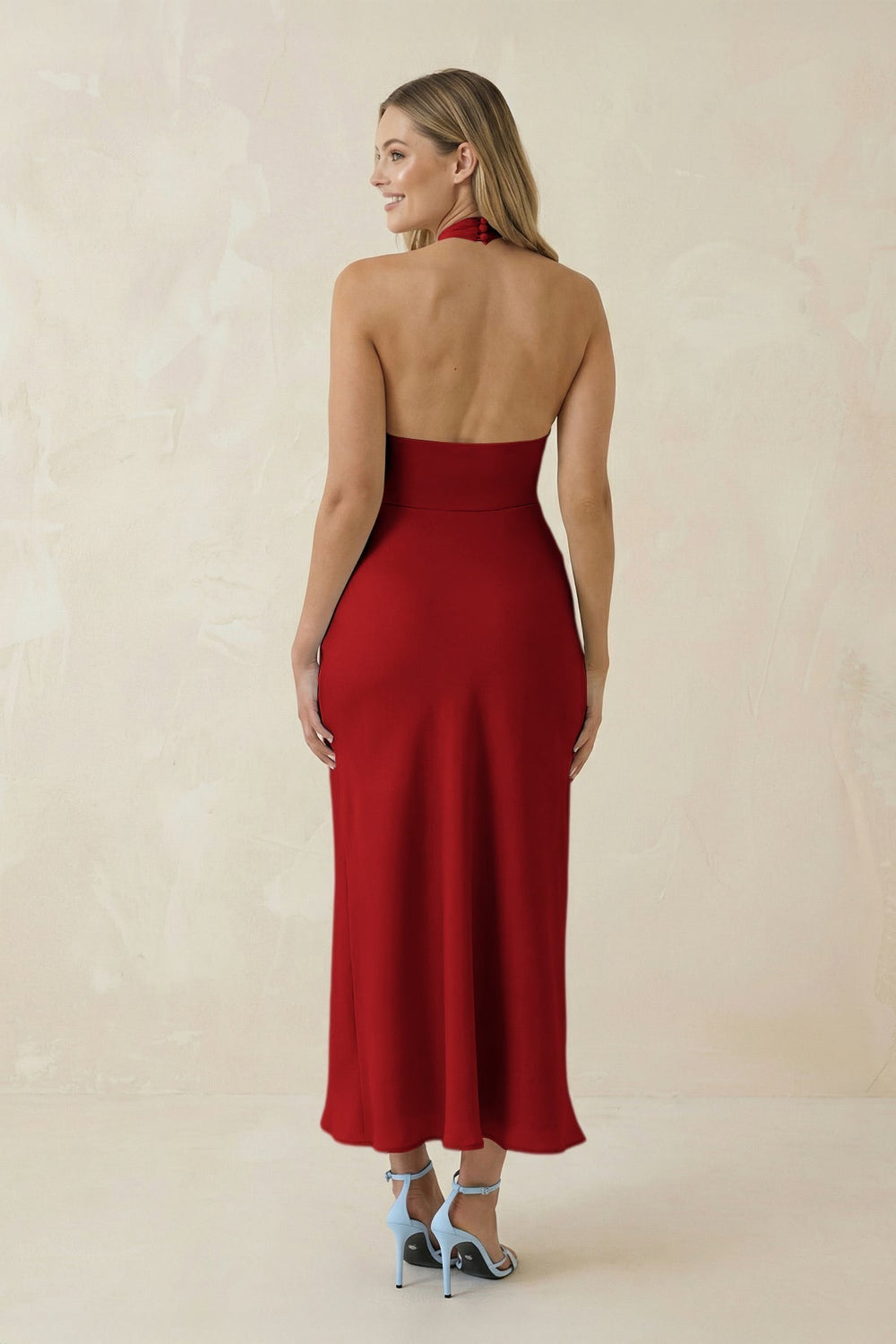 Halter Cut-Out Sheath Satin Midi Bridesmaid Dress in Spice