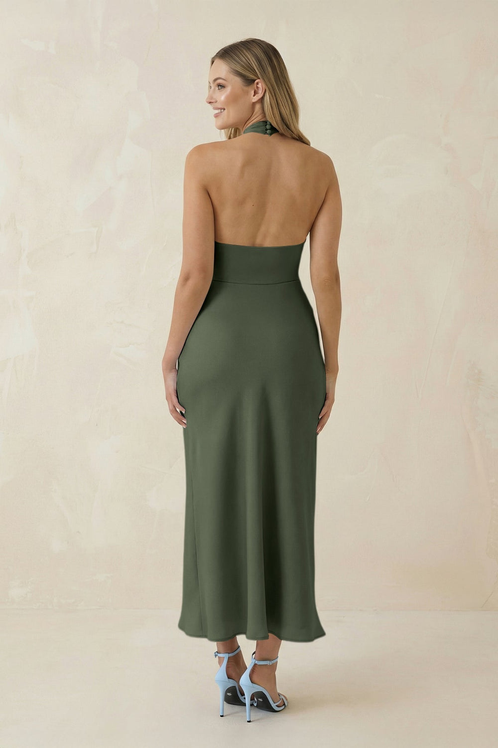 Halter Cut-Out Sheath Satin Midi Bridesmaid Dress in Thyme