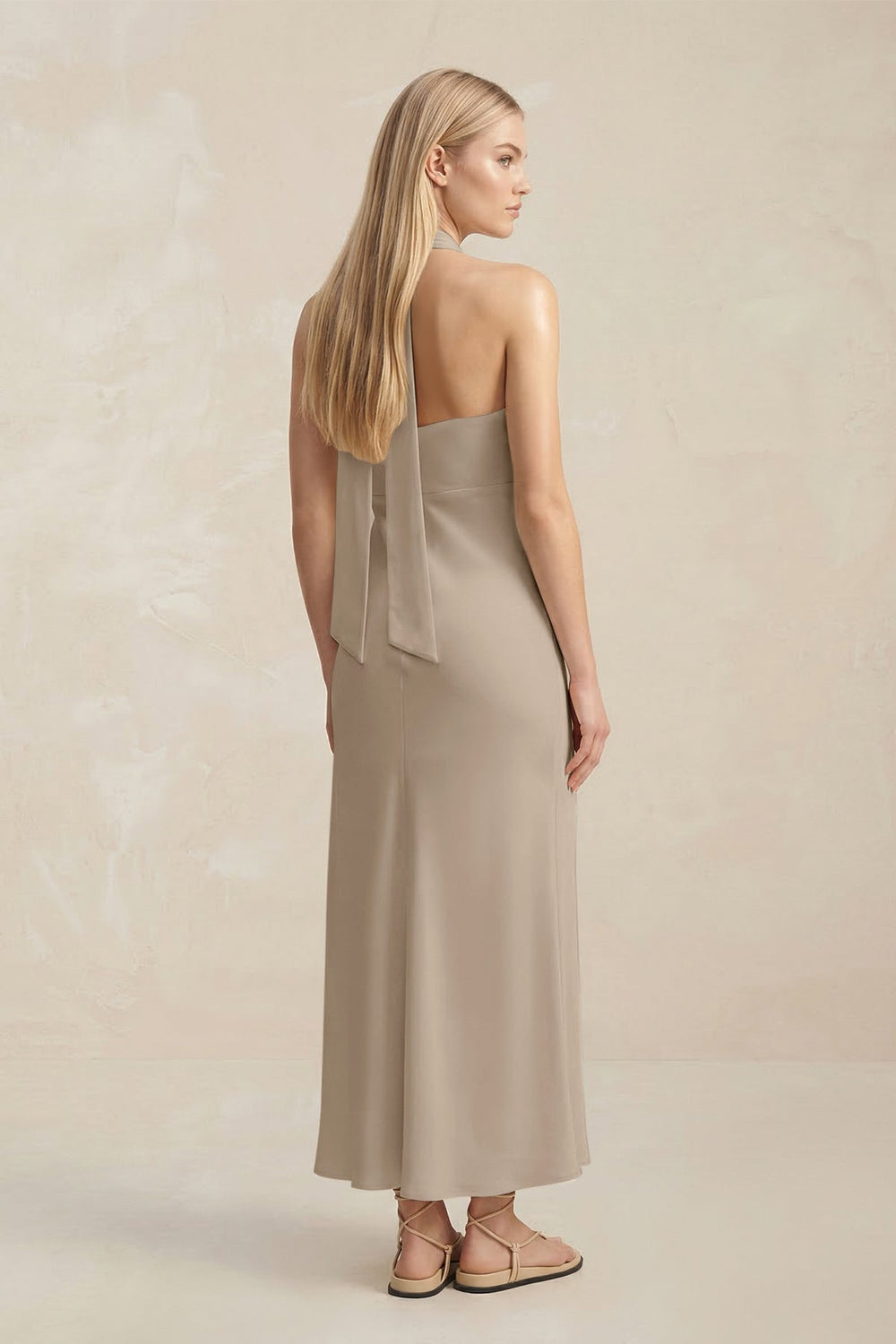 Halter Keyhole Sheath Midi Bridesmaid Dress in Almond