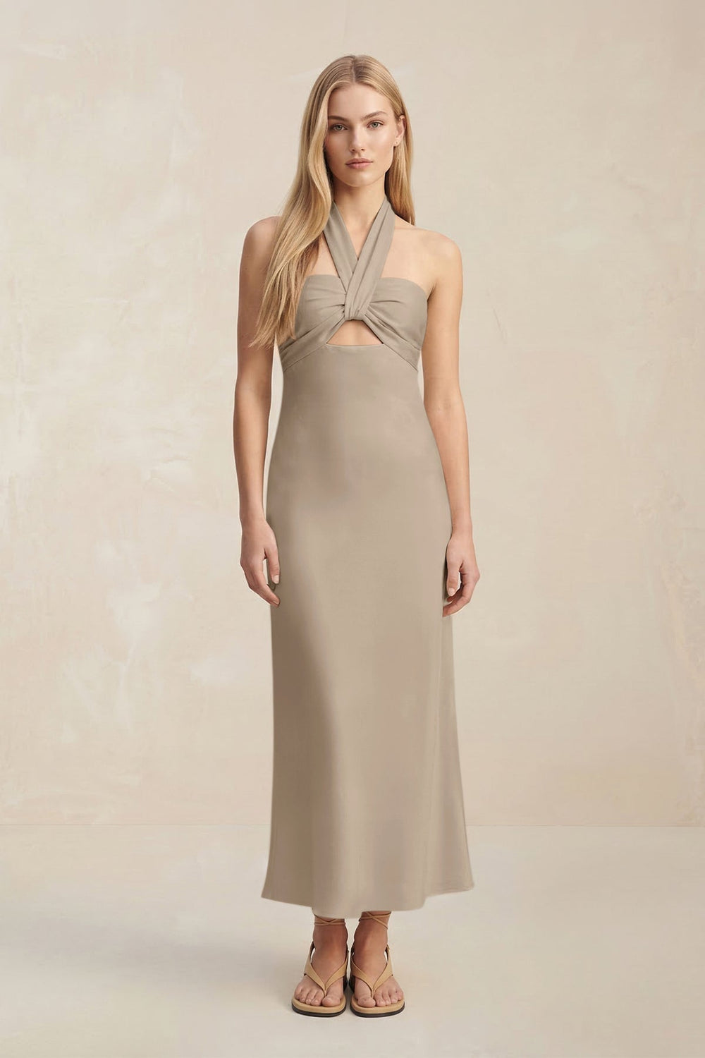 Halter Keyhole Sheath Midi Bridesmaid Dress in Almond