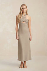 Halter Keyhole Sheath Midi Bridesmaid Dress in Almond - KISS BRIDAL Bridesmaid Dresses